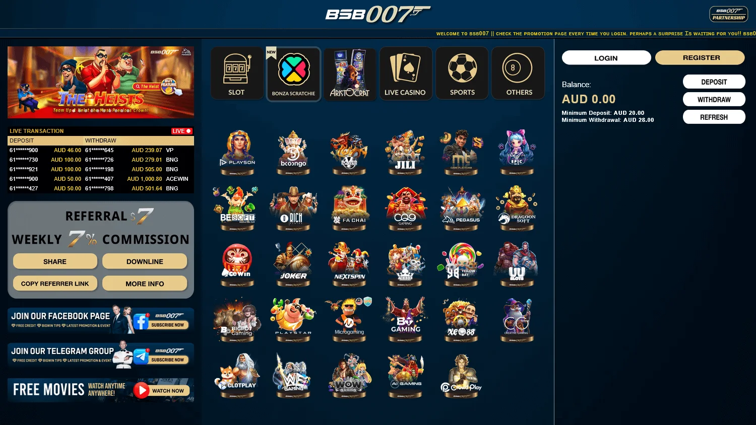 Bsb 007 Casino games interface on desktop