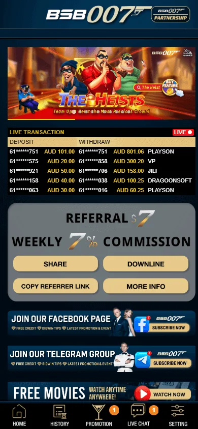 Bsb 007 Casino home interface on a mobile device