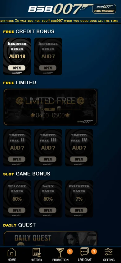 Bsb 007 Casino promotions interface on a mobile device