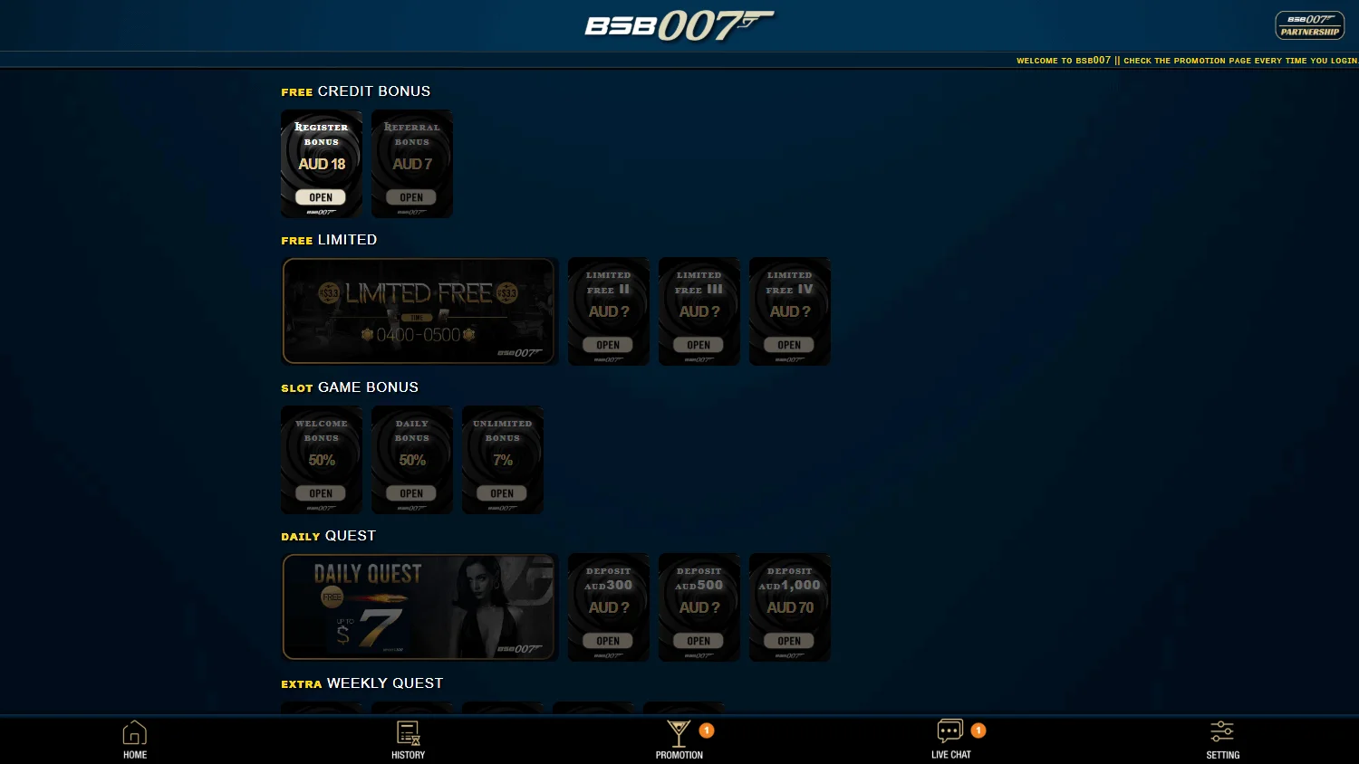 Bsb 007 Casino promotions interface on desktop